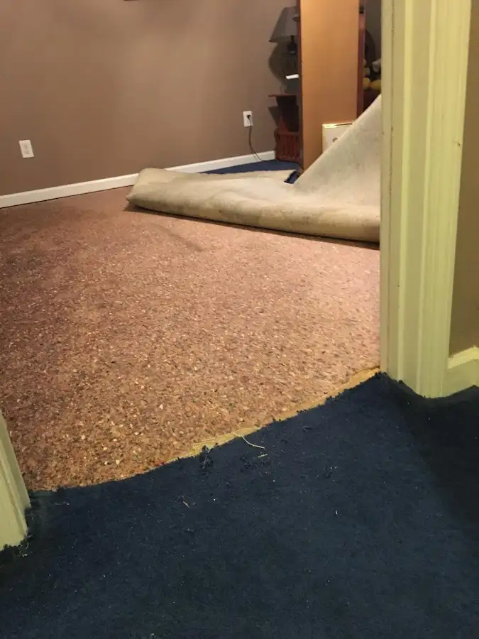 Carpet pad removal revealing water damage during Water Mitigation Services in Warrenville